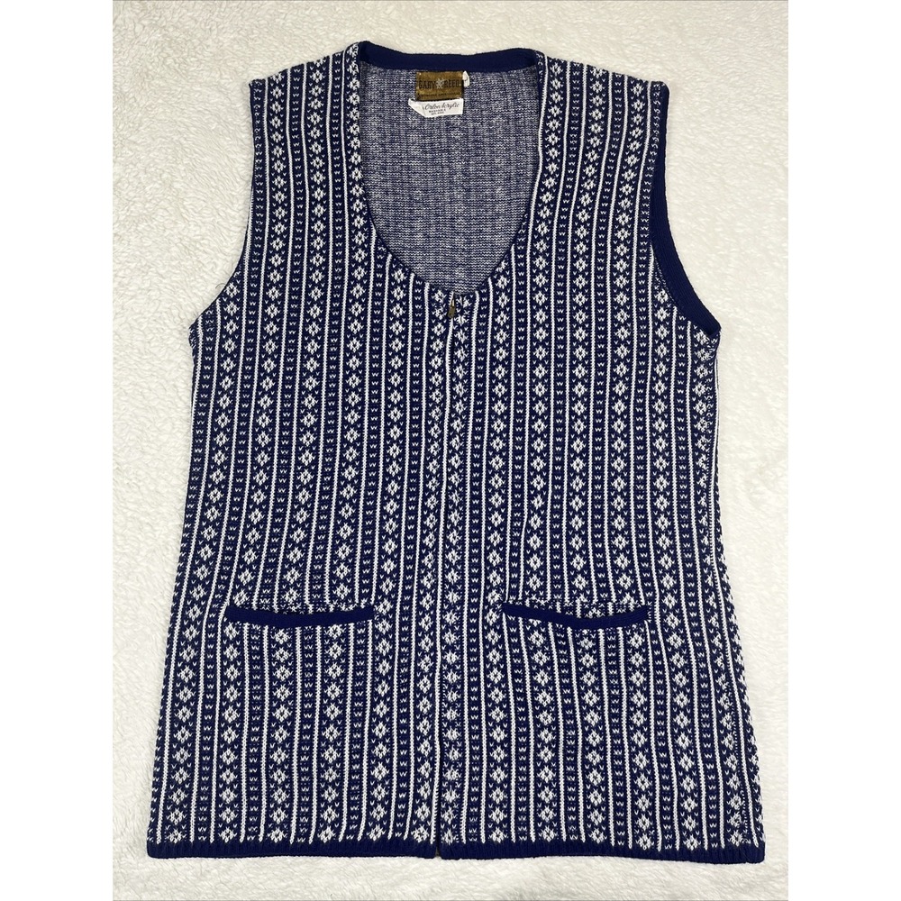 Vintage 70's Gary Reed Sweater Knit Full Zip Vest Blue White Orlon Acrylic Large